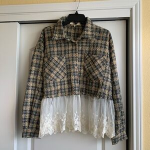 BKE Plaid Jacket with Lace Hem Size L